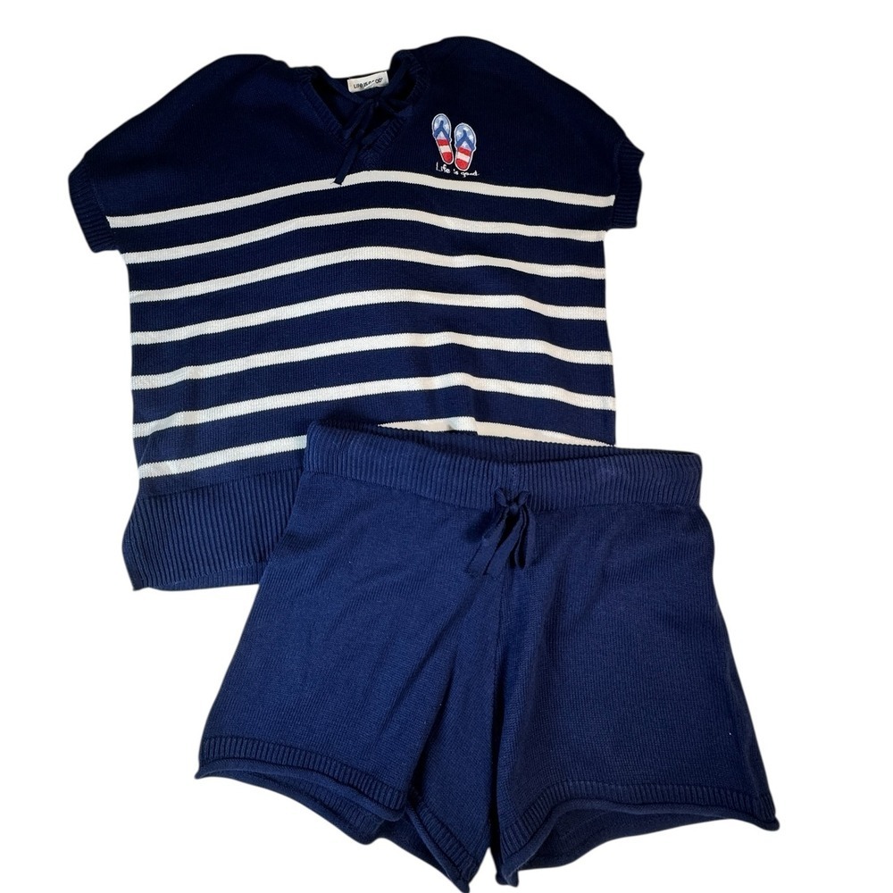 Life is Good Womens L Navy Blue Striped Knit Hood and Shorts Lounge Set 4th July